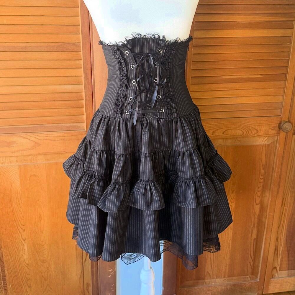 Gothic Lolita EGL Punk Princess ACDC Rag High Waist Pin Stripe Ruffle Skirt